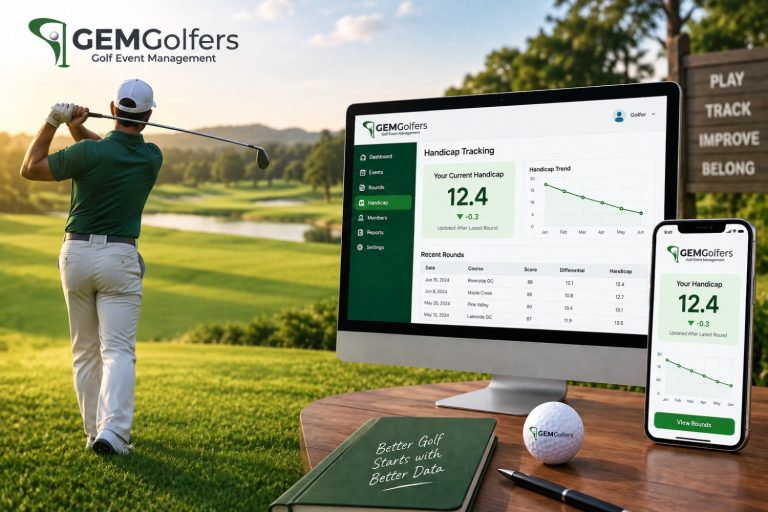 GemGolfers Handicap Tracking showing a golfer’s handicap and round history